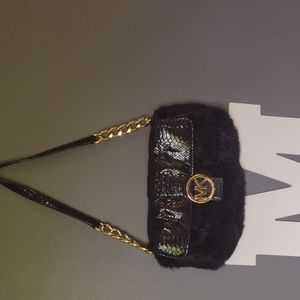 Michael Kors Fulton Black Rabbit...Fur+Python Leather Clutch Shoulder Bag